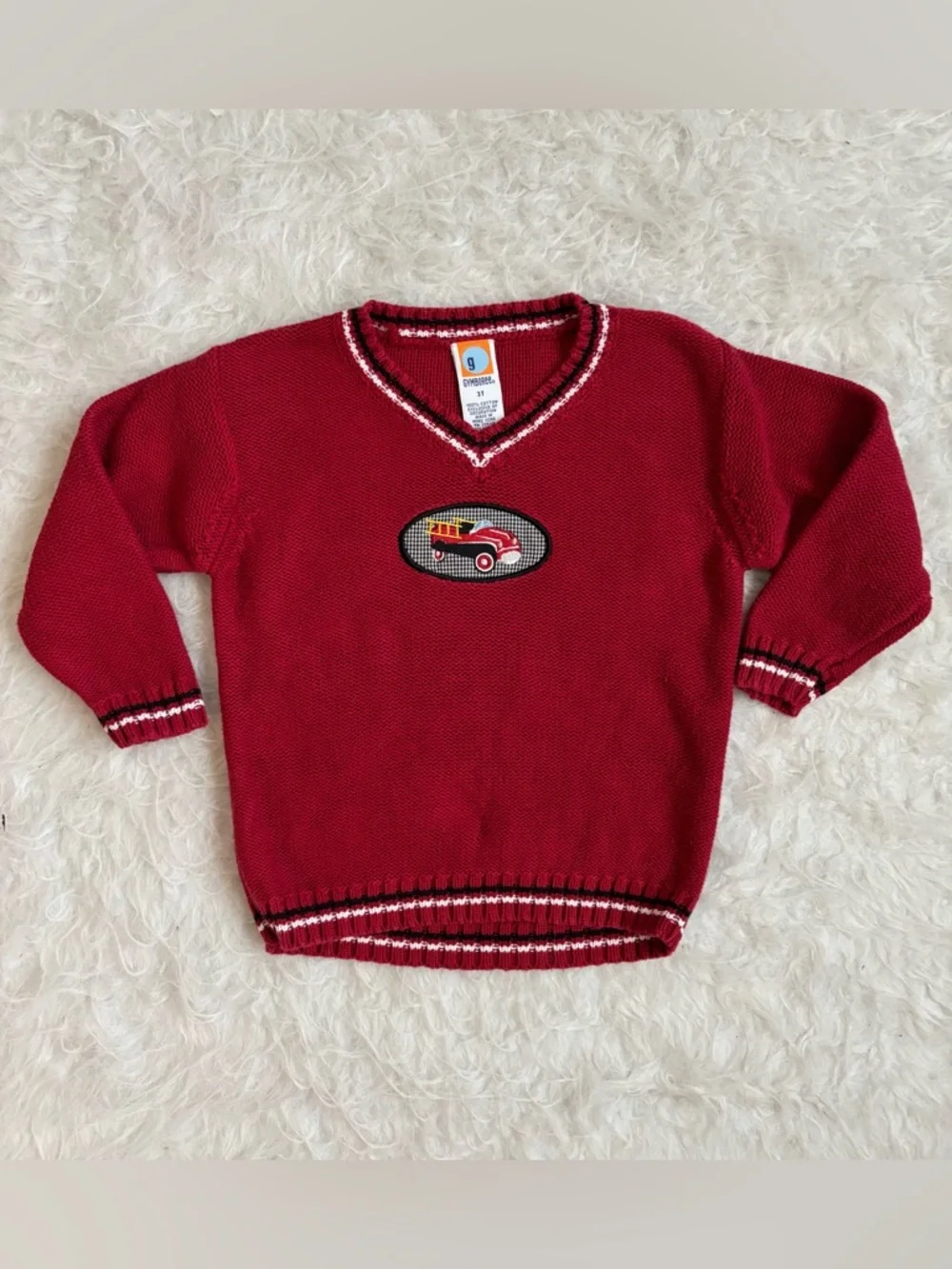 Gymboree Vintage 2001 Toddler Boy Red V-Neck Thick Sweater with Car Patch